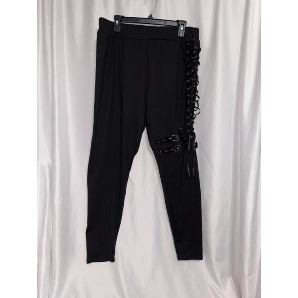 Punk Black & White Lace-Up Leggings w/ Double Buckle Straps- Set of 2